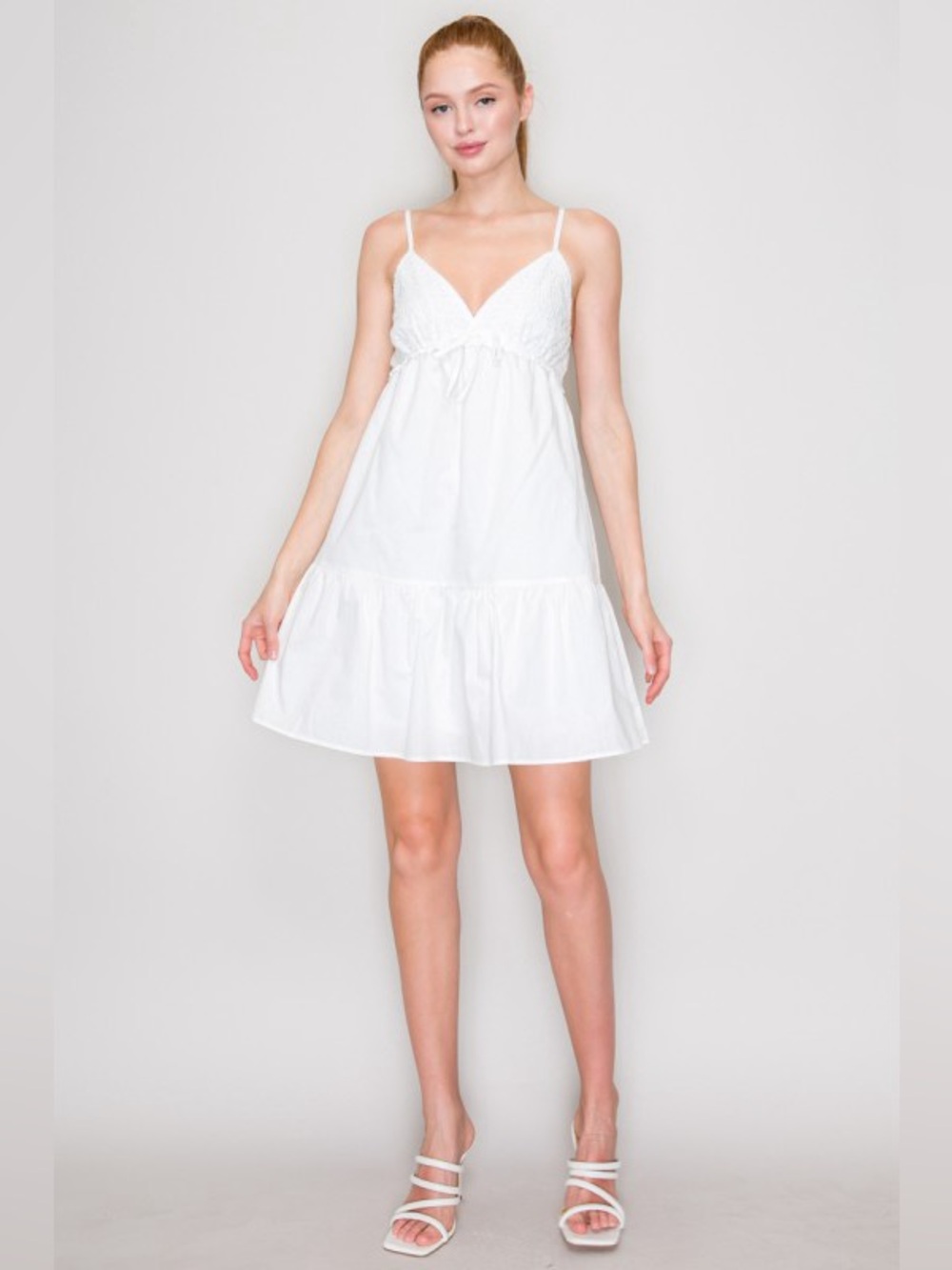 Off-White Spaghetti Strap Eyelet Ribbon Babydoll Mini Dress
